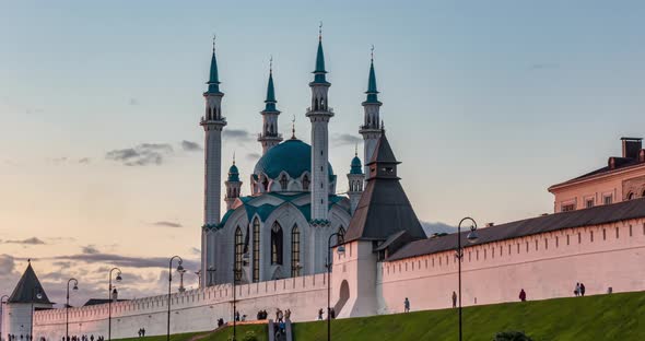 Russia, Kazan, Evening Time Lapse with Beautiful Kul Sharif Mosque, Summer Cityscape in Kazan