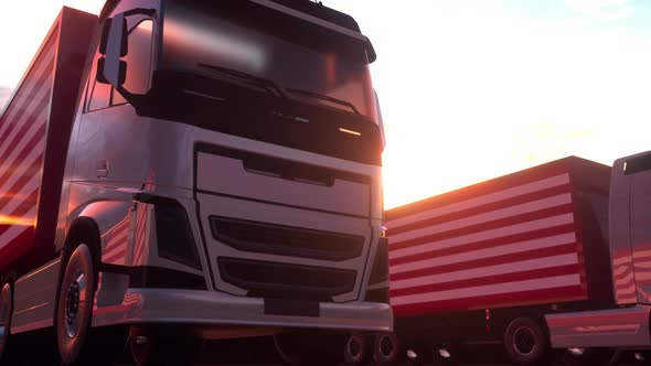 Semitrailer Trucks Load or Unload at Warehouse Bays with Flag of the USA