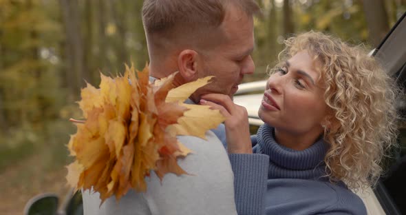 Closeup Loving Couple on a Date in the Autumn Park