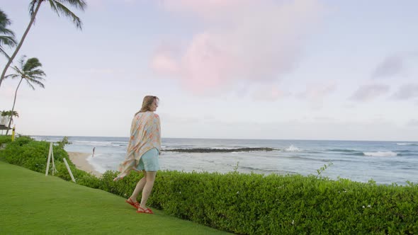 Slow Motion Woman Enjoying Beach Resort at Sunrise Tourist on Summer Vacation