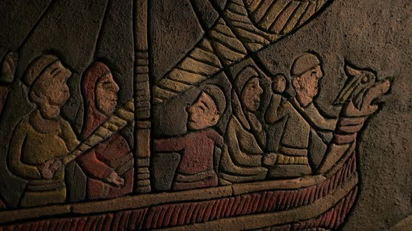 Vikings On Long Boat Ancient Wall Carving