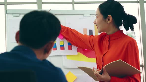 Young Woman Explains Business Data on White Board