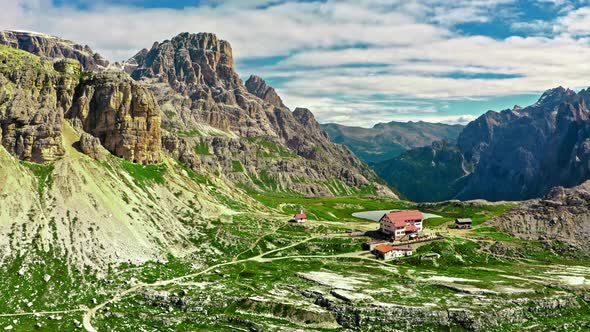 Mountain shelter Dreizinnen Hut in Tre Cime, Aerial view, Dolomites