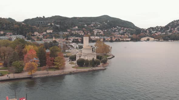 Lakeside view of Volta Temple and promenade, Como city, Lombardy, Italy. Aerial view