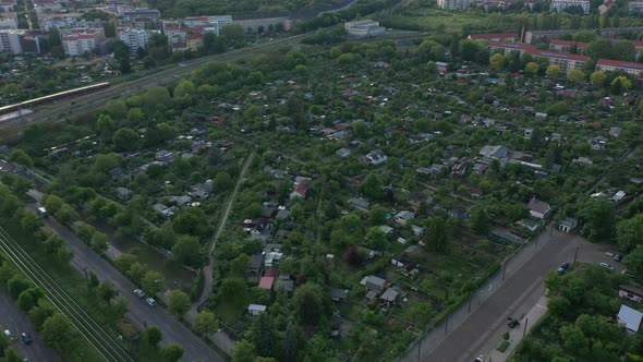 Aerial View of Block of Community Gardens in Urban Neighbourhood