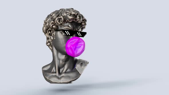Statue of David with 8 Bit Glasses Turns and Pops the Gum