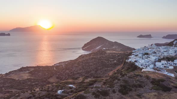 Hyper Lapse Aerial of Sunset Above Typicall Greek Village on Milos Island in Greece