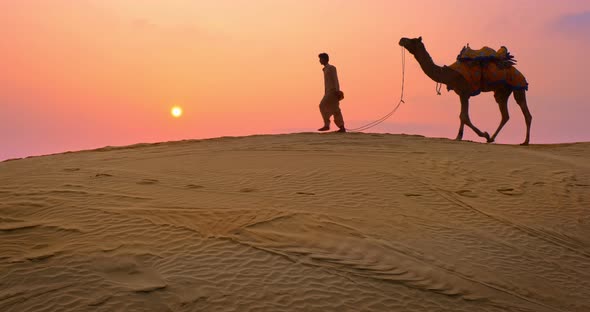 Two Indian Cameleers (Camel Driver) Bedouin with Camel Silhouettes in Sand Dunes of Thar Desert