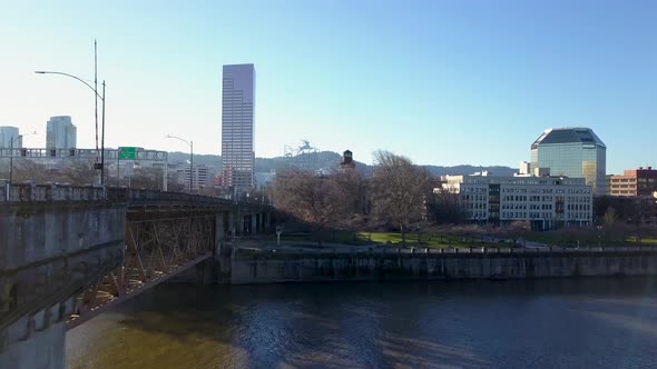 Aerial drone shot revealing downtown Portland Oregon