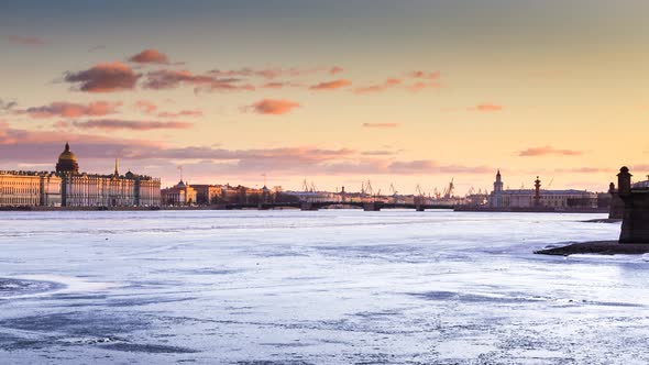 Russia SaintPetersburg Time Lapse of the Water Area of the Neva River at Sunset the Winter Palace