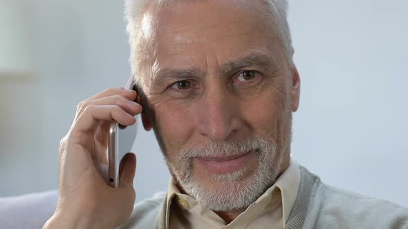 Cheerful Elderly Man Talking Phone With Good Friend, Pleasant Conversation