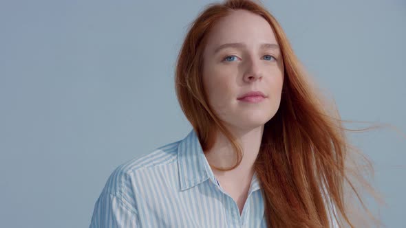 Gingerhead Red Hair, Ginger Hair Model with Blue Eyes on Blue Background