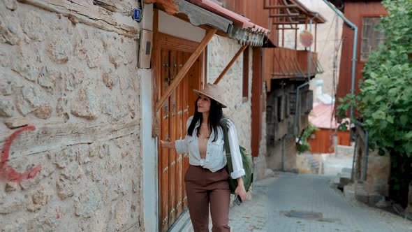 Young Tourist Woman Walking Historic Street