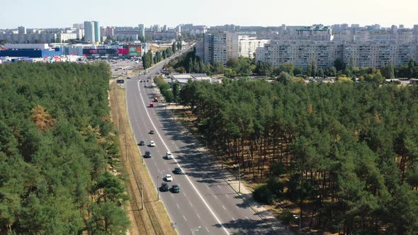 Top View of Road Traffic on Asphalt Road Passing Between Pine Forest Against Background of