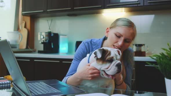 Cheerful Young Woman with Bulldog Puppy Sitting in Front of Laptop in the Kitchen