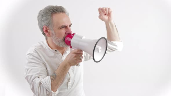 40s Years Old Gray Haired Man with Loudspeaker  Isolated on White Background