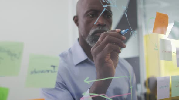 African american businessman brainstorming, drawing with pen on transparent board with memo notes