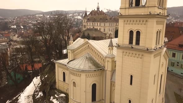 Beautiful view of the church and its clock tower revealing the medieval town of Sighisoara.  Transyl