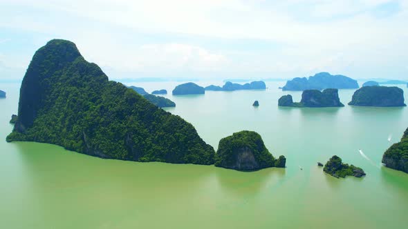 Aerial view from a drone over many islands at Phang Nga Bay