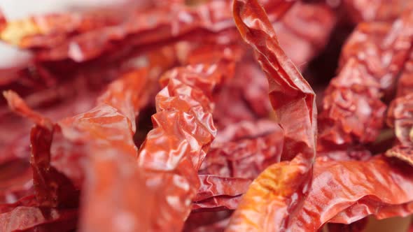 Shallow DOF  air-dried chilli peppers  close-up 4K panning video