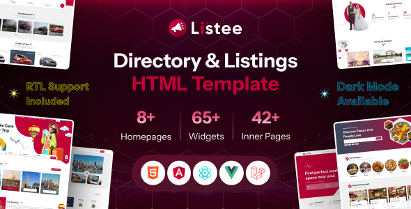 Listee - Business Directory, Classified Ads & Local Listings Website Template (HTML, Angular, React,