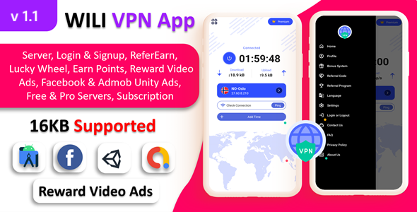 WILI VPN App - VPN App | Fast VPN Secure VPN | Reward Lucky Wheel | Refer & Earn Ads | Time Limit