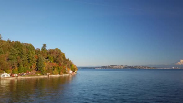 Slow Pan left to right of Tacoma. Commencement Bay, Mt Rainer and the south side of Vashon Island, W