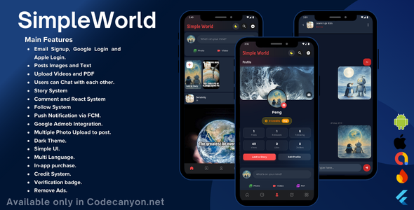 Simple World - Flutter Facebook Clone Full Application with Admin Panel