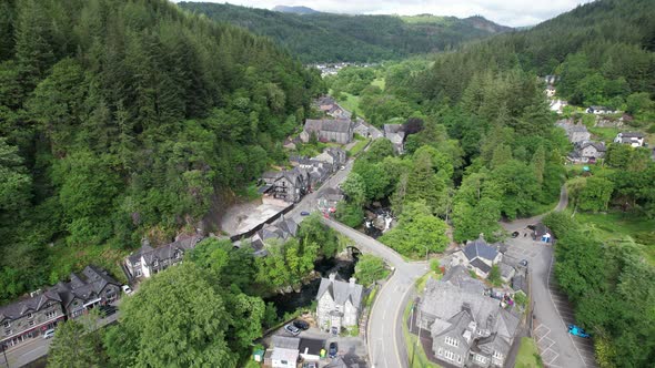 Betws y coed stone bridge  north Wales UK drone aerial view