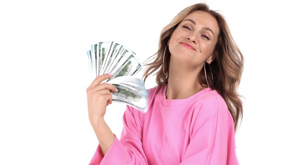Female Demonstrate Richness with Dollar Cash Money Isolated