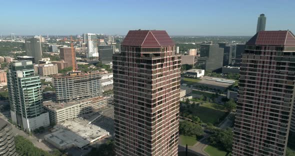 Aerial view of buildings and the surrounding area in Uptown Houston. This video was filmed in 4k for
