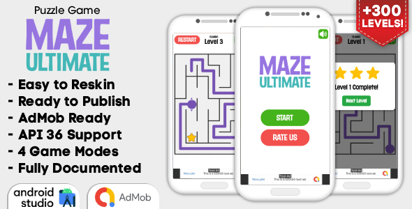 Maze Ultimate - Puzzle Game Android Studio Project with AdMob Ads + Ready to Publish