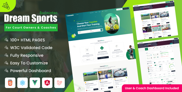 Dream Sports - Turf, Venue & Coach Booking Sports Template (React, HTML, Angular, Laravel)