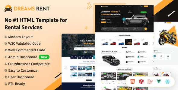 Dreams Rent - Vehicle, Car, Bike, Bus & Yacht Rental Booking Template (HTML, React, Laravel)