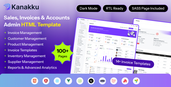 Kanakku – Accounting, Finance, Invoice & SaaS Admin Dashboard Template (React, Angular, Laravel)