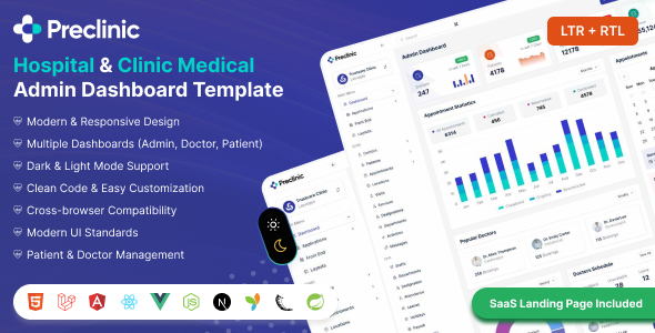 PreClinic - Hospital & Medical Admin Dashboard for Healthcare Management (HTML, React, Nextjs, Vue)