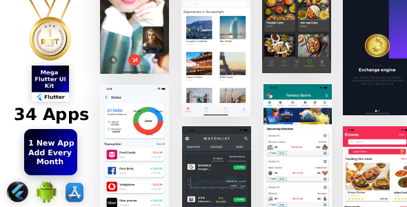 Mega Flutter Kit 33 Apps in 1 Template | Flutter | Figma | Get Every month 1 App | Life Time Update