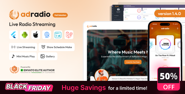 AdRadio - Live Radio Streaming Website and Apps with Admin Panel
