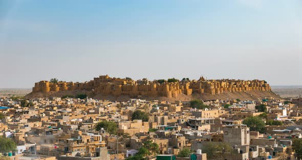 Jaisalmer cityscape, time lapse, The majestic fort dominating the desert city, Rajasthan, India