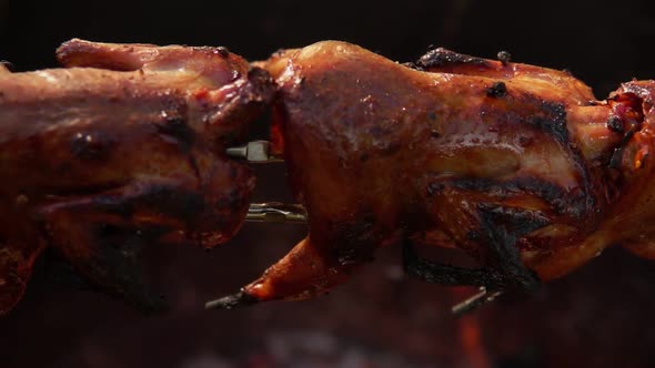 Super Closeup of the Quail Carcasses on the Skewer Rotating Above the Open Fire