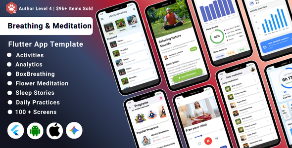Breathing & Meditation Flutter App UI Kit | Mindfulness | Relaxation & Stress Relief