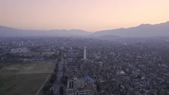 Aerial view flying towards the Dharahara Tower in Kathmandu Nepal