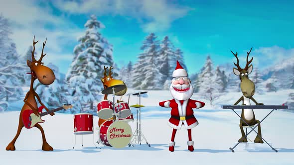 Funny Crazy Santa Claus and Reindeer Play Musical Instruments alt