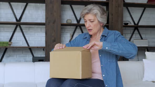 Elderly Woman Sit on Couch in Living Room Open Cardboard Box Shopping Online at Home. Delivery