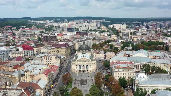 Aerial drone of the Lviv National Academic Opera and Ballet Theatre in Lviv Ukraine during a summer