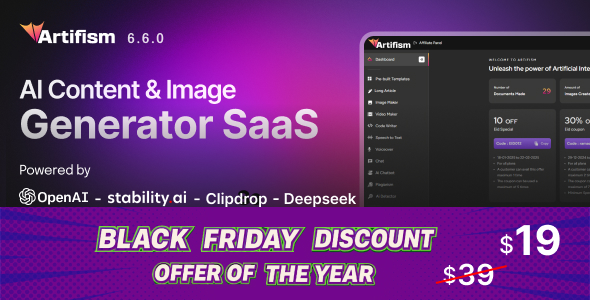 Artifism – AI Content, Image, Video, Chat, Chatbot, Voiceover & Code Generator SaaS