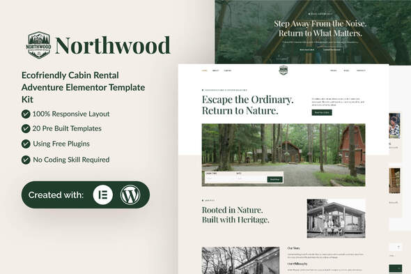 Northwood - Eco-Friendly Cabin Rental Adventure Elementor Template Kit