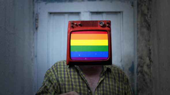 Man with an Old TV instead of Head, showing the Gay Pride Flag on Screen.