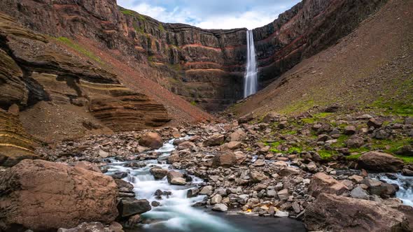 Time Lapse Footage of Beautiful Hengifoss Waterfall in Eastern Iceland