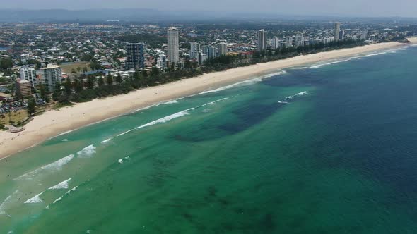 Spectacular aerial view of Burleigh to Broadbeach, Summers day, waves breaking  on golden beaches,pa